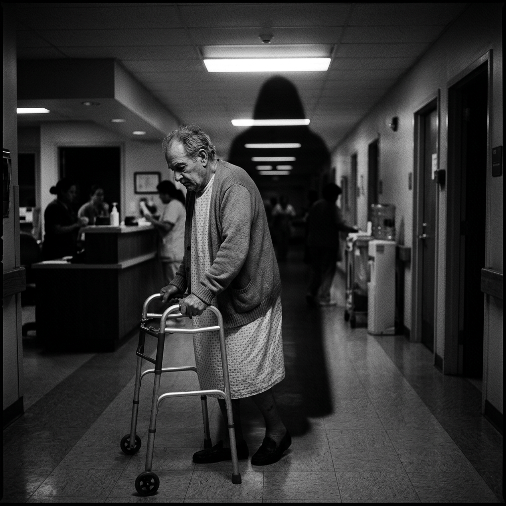 Persona mayor hospital, sombra muerte, ambiente triste