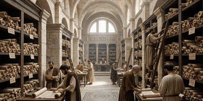 Ancient scholars in robes examining and organizing scrolls in a large vaulted library with stone arches and mosaic floors.
