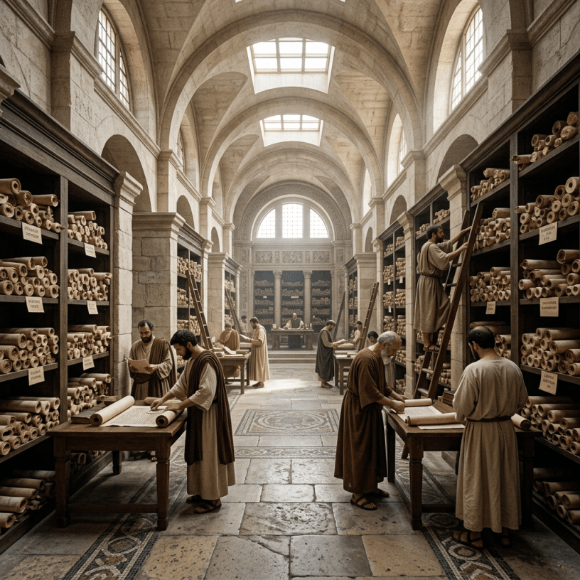 Ancient scholars in robes examining and organizing scrolls in a large vaulted library with stone arches and mosaic floors.
