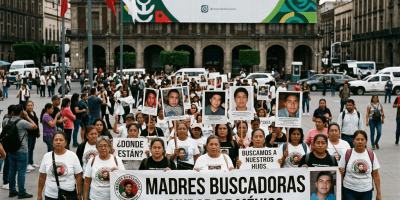 Group of mothers holding photos of missing children and banners in Mexico City