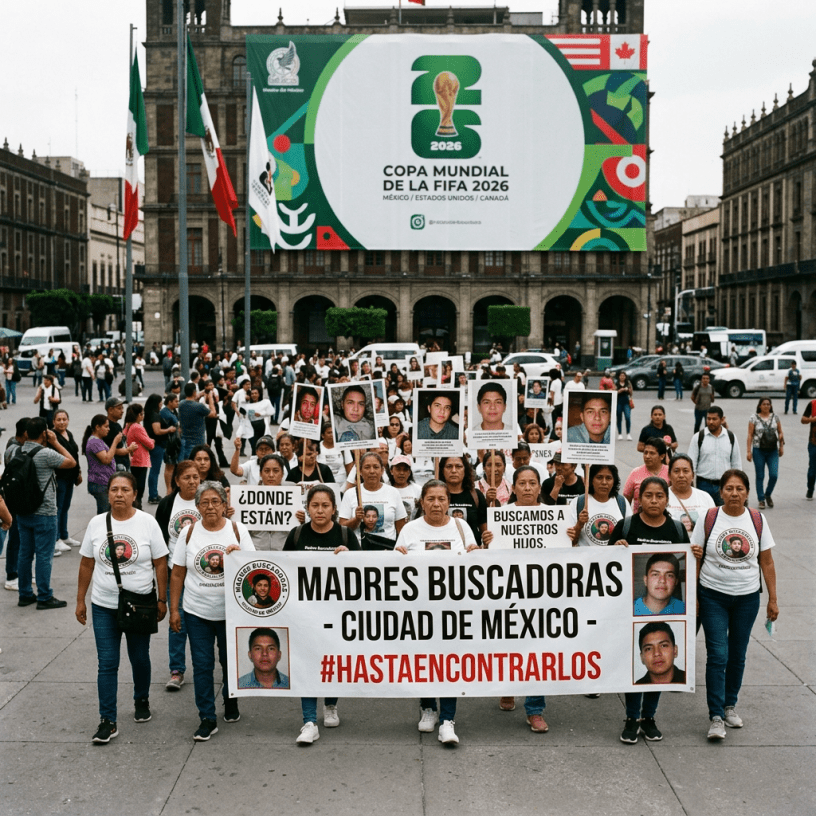 Group of mothers holding photos of missing children and banners in Mexico City