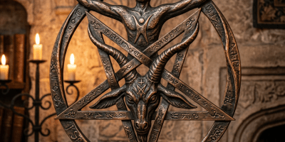 Bronze sculpture of a goat head with horns inside a pentagram, an abstract faceless human figure with arms raised above, surrounded by mystical symbols