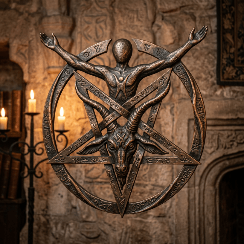 Bronze sculpture of a goat head with horns inside a pentagram, an abstract faceless human figure with arms raised above, surrounded by mystical symbols