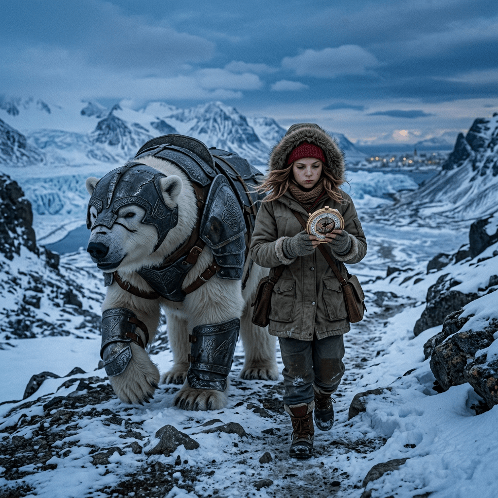 Young girl in winter clothes holding a compass walking alongside a polar bear wearing armor in snowy mountains