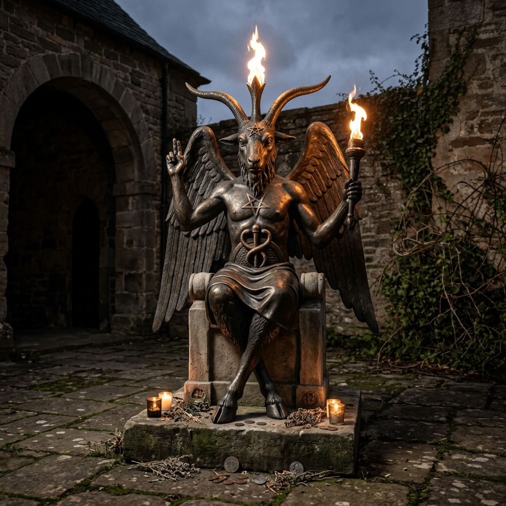 Statue of Baphomet with goat head, wings, pentagrams, and flaming torch