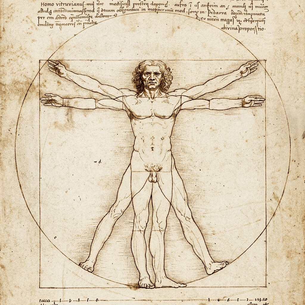 Vitruvian Man drawing showing a male figure with arms and legs extended within a circle and square