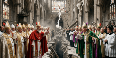 Group of bishops and priests facing each other across a large cracked fissure in a cathedral