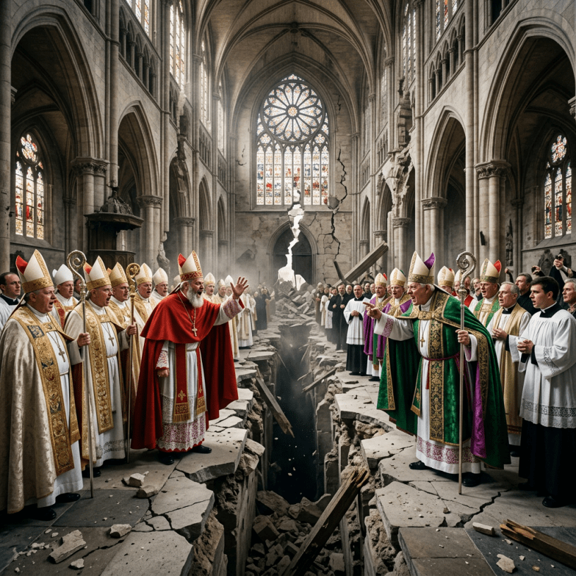 Group of bishops and priests facing each other across a large cracked fissure in a cathedral