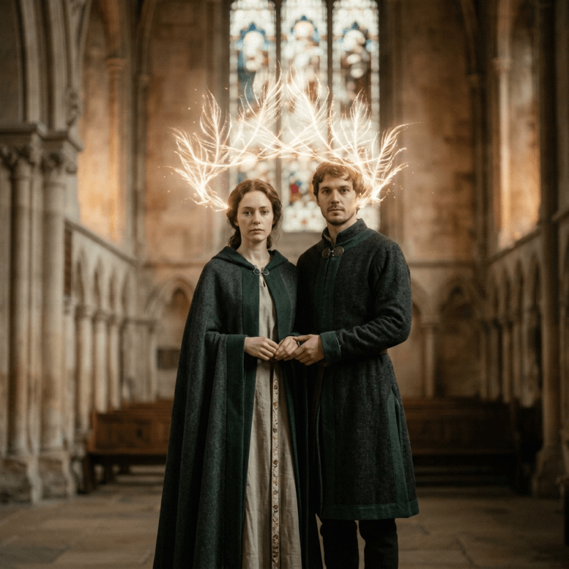 Woman in medieval clothing with glowing crown inside historic church