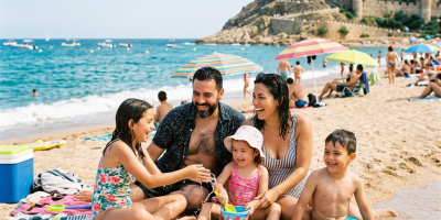 Family of five sitting on beach towels at the shore playing with sand and water