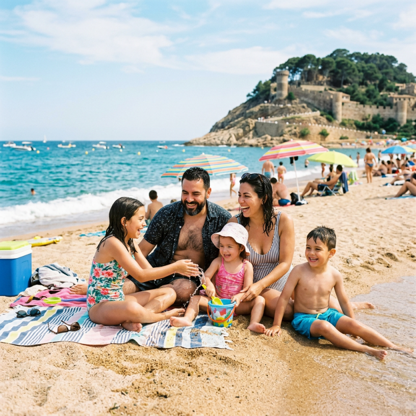 Family of five sitting on beach towels at the shore playing with sand and water