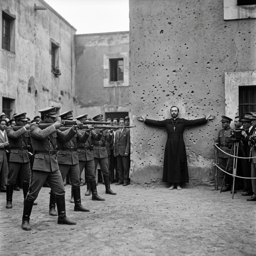 Barefoot priest with arms outstretched facing firing squad in courtyard