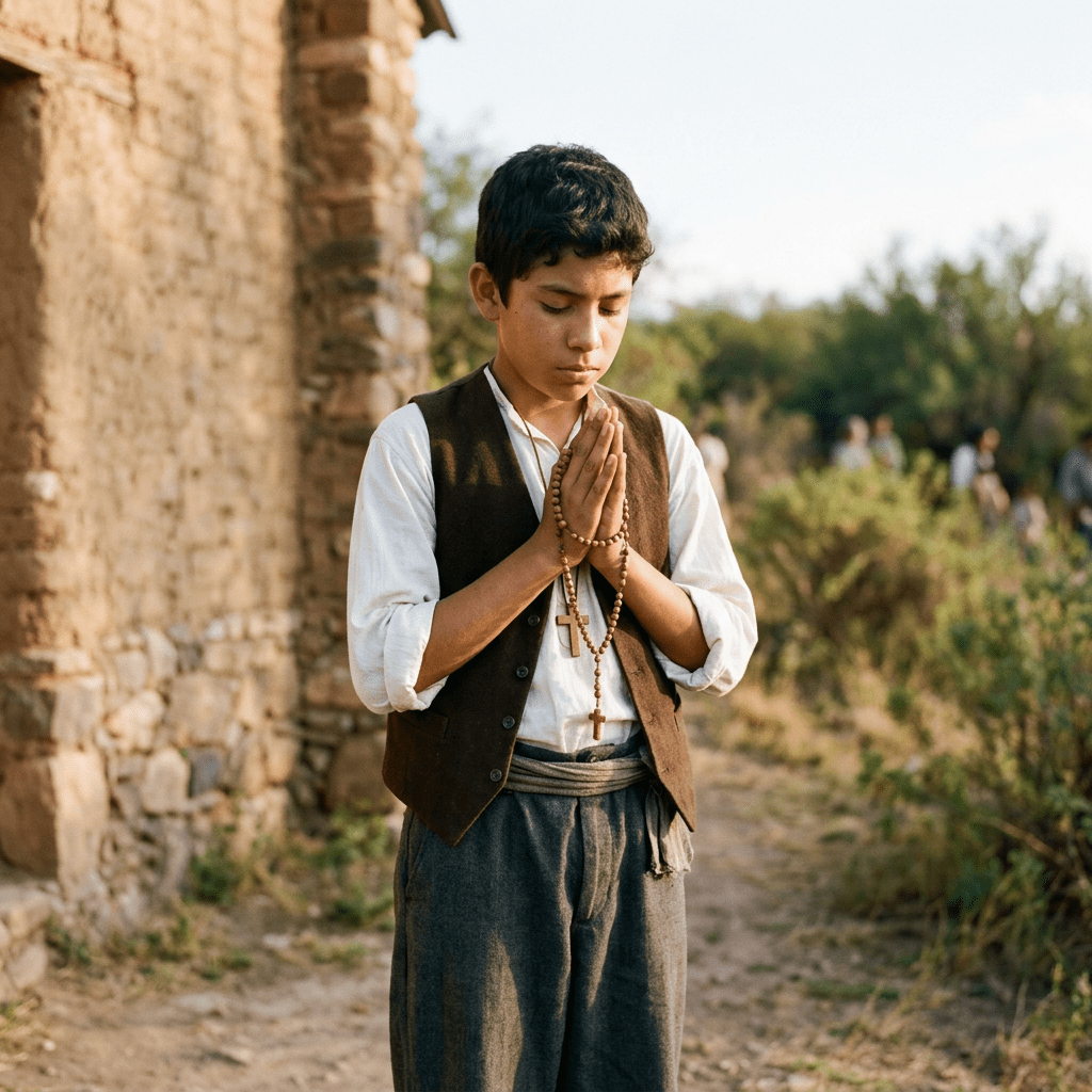 Young boy holding rosary beads in prayer outside by stone building