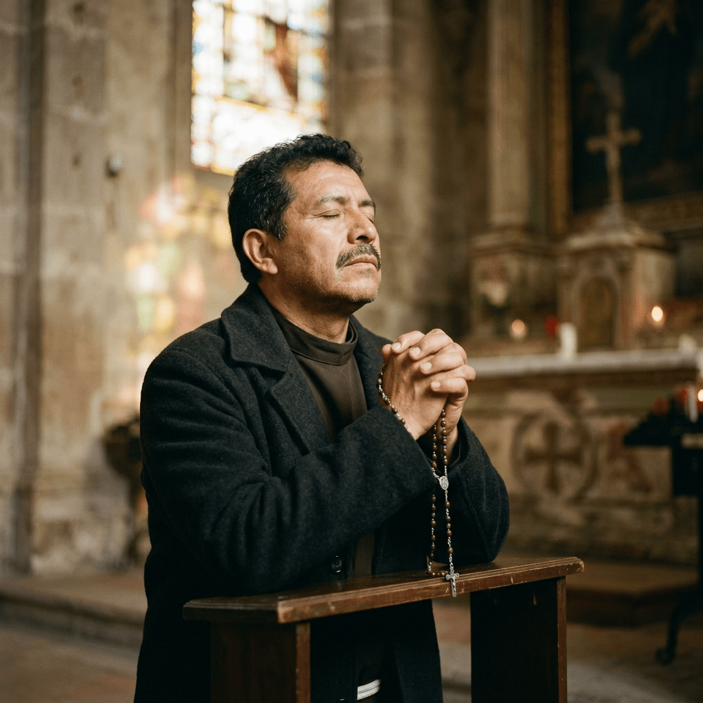 Man with closed eyes holding a rosary and praying in a church kneeler